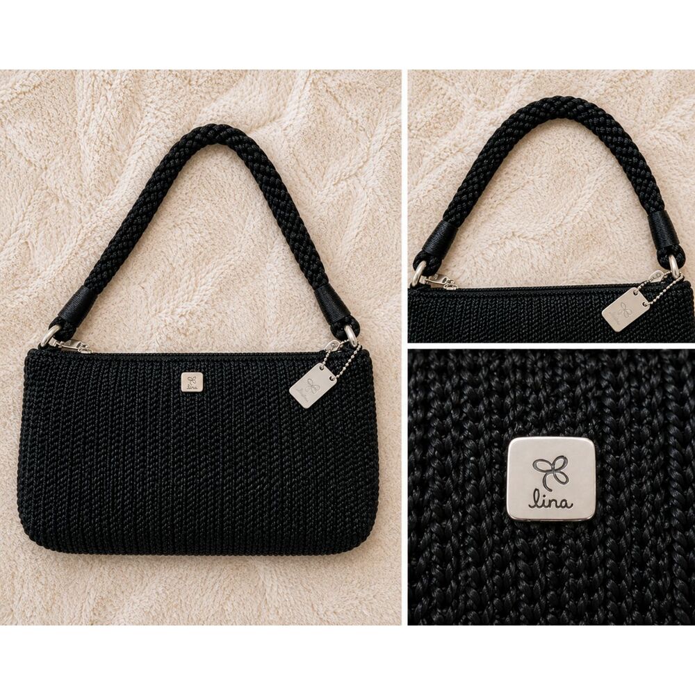 Black Crochet Mini Shoulder Bag with Braided Strap & Silver Hardware by Lina